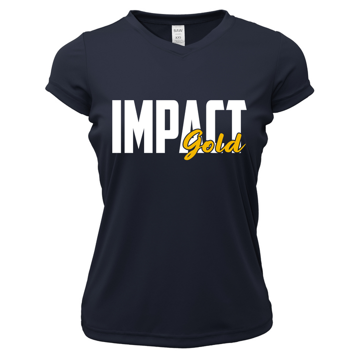 Ladies V-Neck Short Sleeve Dri-Fit IMPACT Gold Block Logo