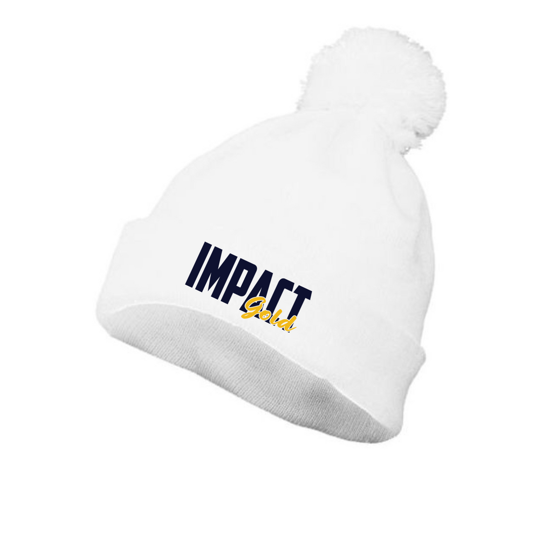 White Pom Beanie | Impact Gold Block Logo