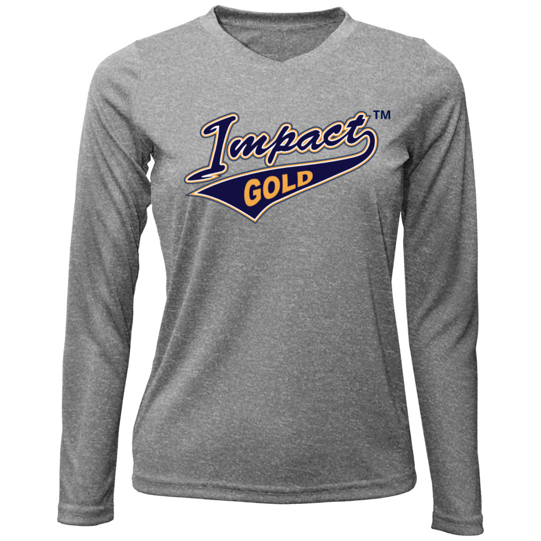 Grey Ladies V-Neck Impact Gold Long Sleeve Dri-Fit