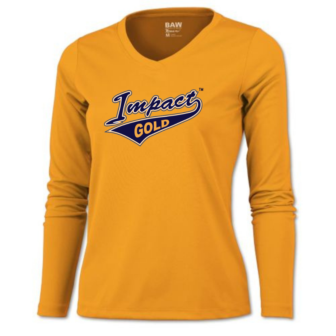 Gold Ladies V-Neck Impact Gold Long Sleeve Dri-Fit