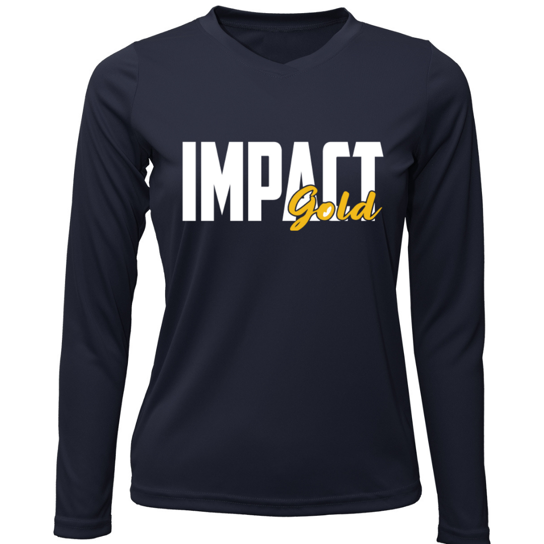 Navy Ladies V-Neck IMPACT Gold Block Long Sleeve Dri-Fit