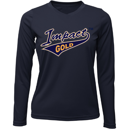 Navy Ladies V-Neck Impact Gold Long Sleeve Dri-Fit