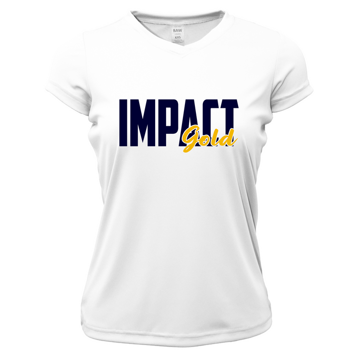 Ladies V-Neck Short Sleeve Dri-Fit IMPACT Gold Block Logo