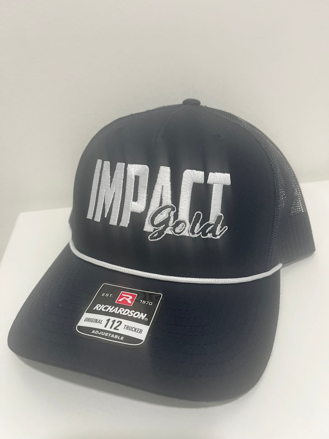 New Navy Trucker Hat with White Rope | White IMPACT Gold Block Logo |Mesh Snapback
