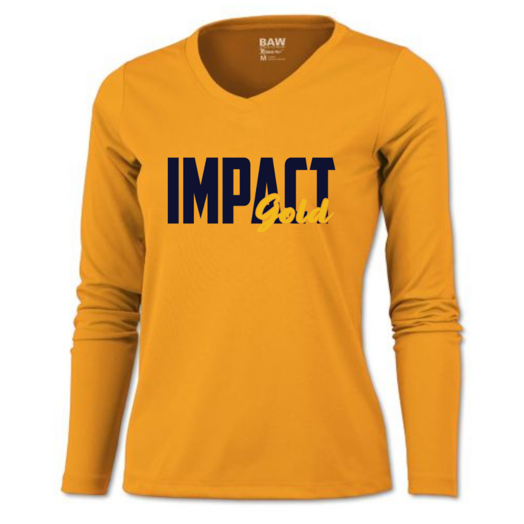 Gold Ladies V-Neck Impact Gold Block Long Sleeve Dri-Fit